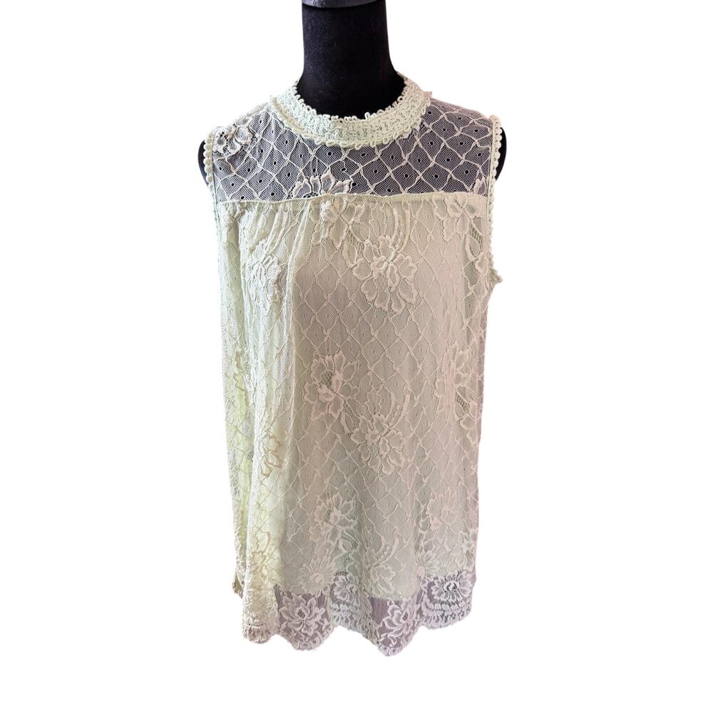 Ultra Pink Lime Green Floral Lace Sleeveless Blouse Mock Neck Boho Top Size L